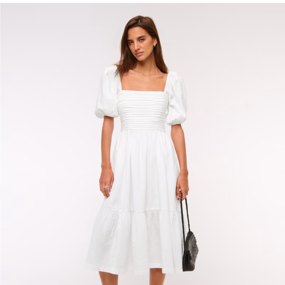 Abercrombie & Fitch White Puff Sleeve Midi Dress